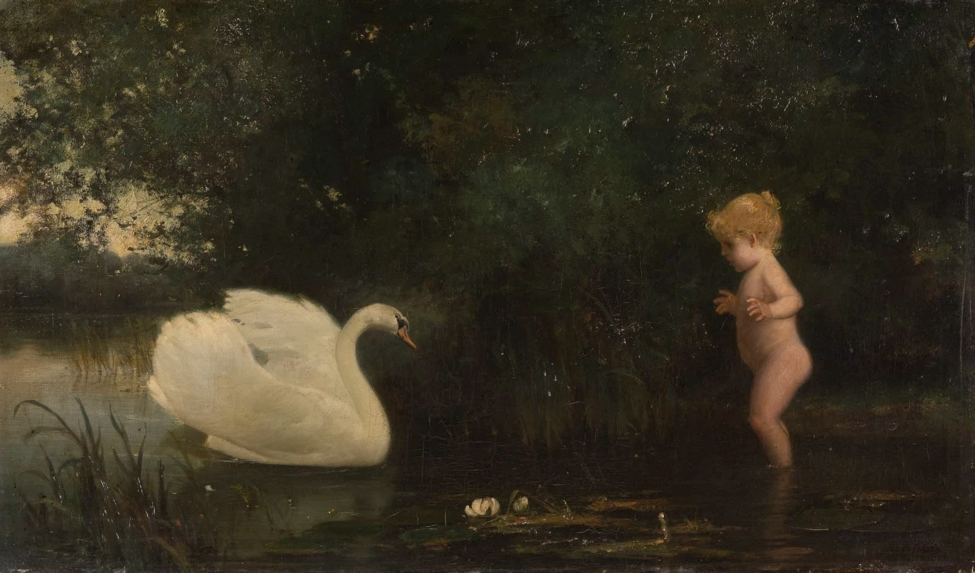 Fritz Mock MADCHEN UND SCHWAN Olieverf
